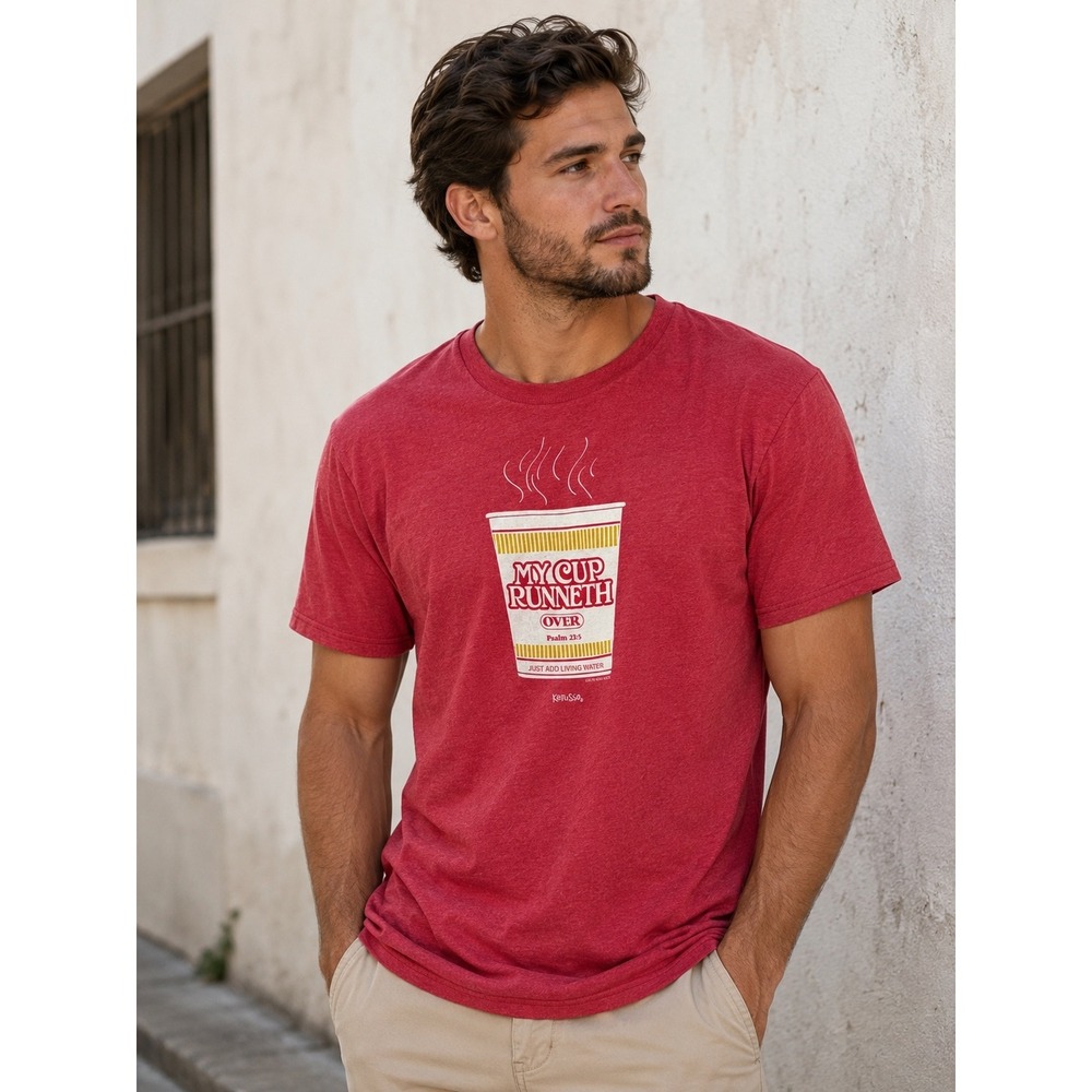 Kerusso My Cup Runneth Over Ramen Noodle Christian Graphic Tee Red Mens Medium